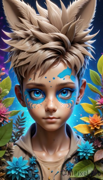 solo,looking at viewer,short hair,blue eyes,blonde hair,brown hair,shirt,1boy,animal ears,closed mouth,collarbone,jacket,upper body,flower,male focus,outdoors,open clothes,sky,artist name,hood,lips,fox ears,eyelashes,makeup,leaf,blue background,facial mark,plant,spiked hair,portrait,star (sky),extra ears,pink flower,eyeshadow,zipper,starry sky,freckles,blue flower,nose,facepaint,straight-on,night,glowing,child,night sky,male child