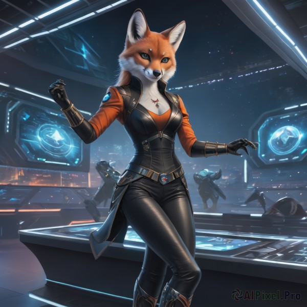 1girl,long hair,breasts,looking at viewer,smile,blue eyes,shirt,gloves,long sleeves,animal ears,cleavage,jewelry,medium breasts,green eyes,standing,jacket,tail,boots,solo focus,black gloves,belt,pants,indoors,necklace,black footwear,vest,black pants,knee boots,furry,walking,science fiction,furry female,orange shirt,holographic interface,hologram,artist name,fox ears,bodysuit,night,fox girl,star (sky),claws,black bodysuit,white fur,alien,leather pants