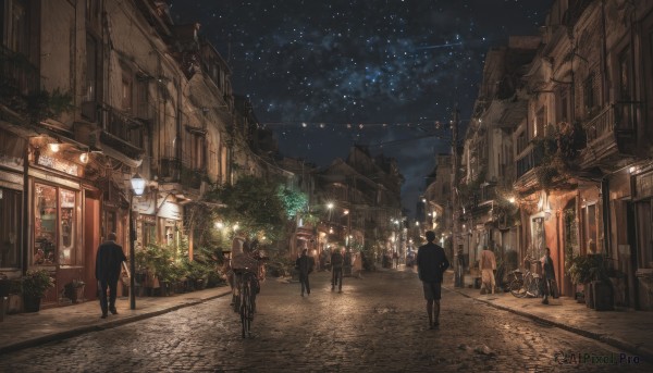 multiple girls, outdoors, multiple boys, sky, tree, night, plant, ground vehicle, building, star (sky), night sky, scenery, starry sky, 6+boys, city, sign, potted plant, road, dark, power lines, lamppost, street, bicycle, pavement, vanishing point