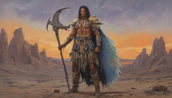 solo,long hair,looking at viewer,black hair,1boy,holding,jewelry,closed mouth,standing,full body,weapon,braid,male focus,boots,outdoors,sky,belt,dark skin,necklace,cape,armor,tattoo,muscular,facial hair,scar,bandages,abs,dark-skinned male,feathers,pectorals,muscular male,staff,shoulder armor,clenched hand,beard,pauldrons,topless male,sunset,rock,mountain,bandaged arm,bracer,manly,bare pectorals,facial tattoo,blue cape,orange sky,desert,cloud,realistic,axe