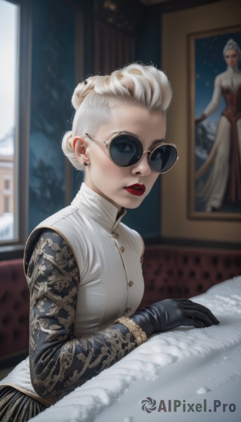 1girl,solo,breasts,looking at viewer,short hair,blonde hair,gloves,long sleeves,dress,jewelry,sitting,upper body,white hair,earrings,glasses,black gloves,artist name,indoors,hair bun,blurry,lips,window,makeup,blurry background,single hair bun,sunglasses,lipstick,black-framed eyewear,round eyewear,red lips,stud earrings,painting (object),mascara,updo,blue eyes,bed,realistic