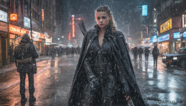 The charm of a female in a bold rainy outdoors