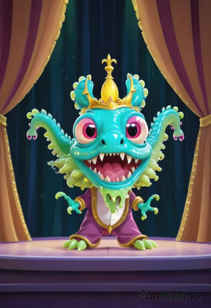 solo,looking at viewer,open mouth,1boy,standing,purple eyes,full body,male focus,teeth,tongue,pants,artist name,pink eyes,no humans,saliva,colored skin,crown,sharp teeth,curtains,drooling,tentacles,monster,purple jacket,green skin,spotlight,purple pants,red eyes,claws,dragon