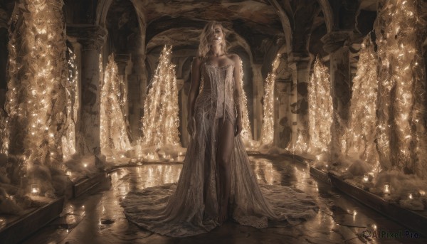 1girl,solo,long hair,blonde hair,dress,bare shoulders,jewelry,standing,monochrome,full body,barefoot,indoors,white dress,lips,see-through,veil,realistic,arms at sides,candle,sepia,pillar,statue,chandelier,breasts,closed mouth,water,brown theme,arch