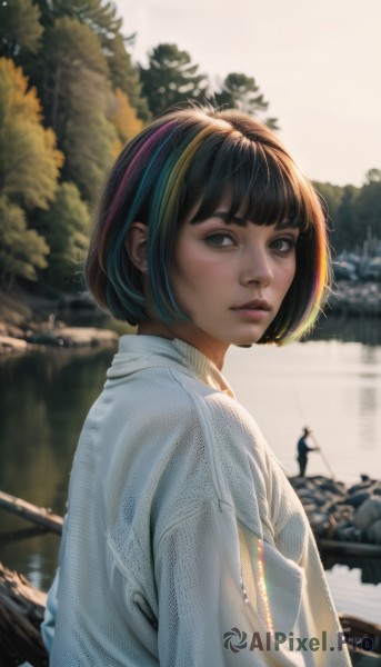 1girl,solo,looking at viewer,short hair,bangs,shirt,black hair,brown eyes,jewelry,white shirt,upper body,multicolored hair,earrings,outdoors,parted lips,day,signature,water,blurry,black eyes,from side,two-tone hair,tree,lips,streaked hair,blurry background,bob cut,freckles,realistic,nose,river,looking back,looking to the side,thick eyebrows