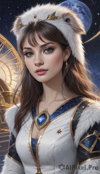 1girl,solo,long hair,breasts,looking at viewer,bangs,brown hair,hat,cleavage,brown eyes,jewelry,medium breasts,collarbone,upper body,earrings,parted lips,sky,artist name,star (symbol),black eyes,lips,fur trim,eyelashes,makeup,night,moon,gem,star (sky),night sky,starry sky,freckles,realistic,nose,space,planet,fur hat,constellation,dress