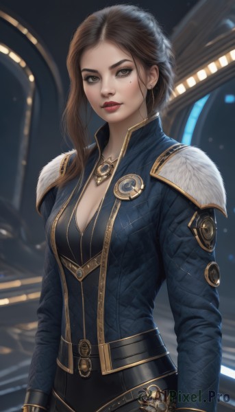 1girl,solo,long hair,breasts,looking at viewer,brown hair,long sleeves,cleavage,brown eyes,jewelry,medium breasts,closed mouth,jacket,earrings,belt,necklace,armor,mole,blurry,lips,mole under eye,makeup,blurry background,lipstick,realistic,nose,red lips,short hair,standing,upper body,artist name,indoors,signature,fur trim,bodysuit,pendant,eyeshadow,freckles