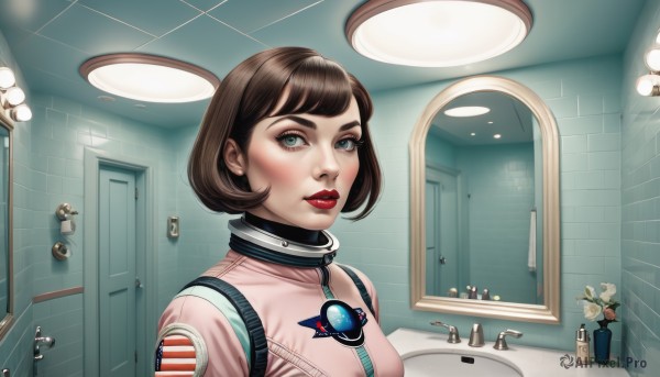 1girl,solo,looking at viewer,short hair,bangs,blue eyes,brown hair,green eyes,upper body,flower,parted lips,indoors,lips,bodysuit,makeup,bob cut,lipstick,reflection,mirror,realistic,door,tiles,red lips,bathroom,tile wall,spacesuit,sink,blush,jewelry,earrings,vest,white flower,nose,american flag,ceiling,american flag print