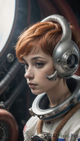 1girl,solo,looking at viewer,short hair,blue eyes,brown hair,closed mouth,upper body,orange hair,blurry,lips,grey eyes,eyelashes,depth of field,blurry background,headphones,portrait,headset,freckles,realistic,nose,spacesuit,astronaut,artist name,expressionless,helmet,science fiction,space,planet,dirty,american flag,space helmet