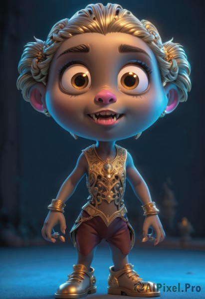 1girl,solo,looking at viewer,smile,short hair,open mouth,blonde hair,navel,animal ears,twintails,brown eyes,jewelry,standing,full body,earrings,shoes,shorts,teeth,sleeveless,dark skin,necklace,nail polish,blurry,flat chest,bracelet,dark-skinned female,blurry background,fangs,piercing,ring,child,furry,female child,male child,shirt,hair ornament,yellow eyes,braid,boots,artist name,signature,fingernails,eyelashes,watermark,brown footwear,backlighting,curly hair,gold