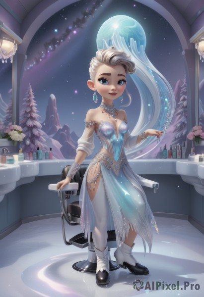 elsa (frozen),1girl,solo,long hair,breasts,looking at viewer,smile,blue eyes,blonde hair,thighhighs,dress,cleavage,bare shoulders,jewelry,medium breasts,standing,full body,braid,flower,white hair,earrings,small breasts,boots,detached sleeves,sky,indoors,necklace,high heels,white thighhighs,tree,lips,see-through,strapless,makeup,night,blue dress,chair,aged down,lipstick,star (sky),night sky,strapless dress,eyeshadow,stool,vase,very long hair,multicolored hair,parted lips,nail polish,bracelet,two-tone hair,watermark,gem,web address,side slit,mascara