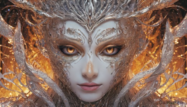 1girl,solo,looking at viewer,closed mouth,yellow eyes,artist name,lips,orange eyes,eyelashes,colored skin,fire,slit pupils,portrait,close-up,scales,straight-on,eye focus,orange hair,makeup,watermark,orange background,orange theme