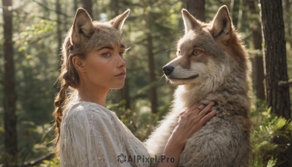 1girl, long hair, looking at viewer, blue eyes, animal ears, jewelry, closed mouth, upper body, braid, outdoors, blurry, tree, blurry background, animal, ring, nature, forest, freckles, realistic, wolf