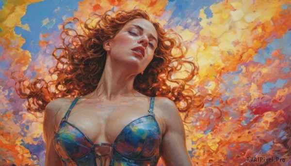 1girl,solo,long hair,breasts,large breasts,brown hair,cleavage,bare shoulders,medium breasts,underwear,collarbone,closed eyes,upper body,lying,parted lips,on back,bra,lips,leaf,wavy hair,breasts apart,curly hair,realistic,nose,painting (medium),autumn leaves,orange hair