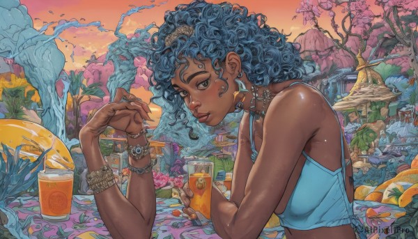 1girl,solo,breasts,looking at viewer,holding,bare shoulders,brown eyes,jewelry,blue hair,upper body,earrings,outdoors,food,choker,midriff,dark skin,medium hair,water,necklace,bracelet,dark-skinned female,tree,cup,lips,fingernails,fruit,leaf,ring,tank top,plant,holding cup,drinking glass,curly hair,sunset,watch,drinking straw,nose,drink,wristwatch,orange (fruit),very dark skin,lemon,dreadlocks,afro,lemon slice,thick lips,long hair,shirt,flower,parted lips,artist name,cloud,from side,crop top,bird,pink flower,bead bracelet,food-themed earrings