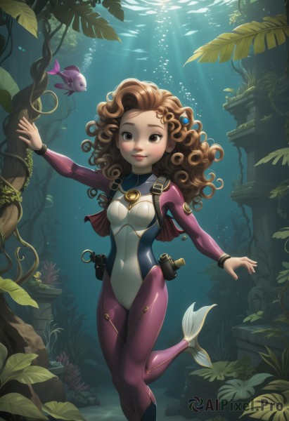 1girl,solo,long hair,breasts,looking at viewer,smile,brown hair,brown eyes,weapon,small breasts,water,bodysuit,covered navel,sunlight,plant,monster girl,skin tight,fish,bubble,curly hair,light rays,underwater,air bubble,mermaid,wetsuit,seaweed,blush,tree,makeup,leaf,freckles,rock,coral