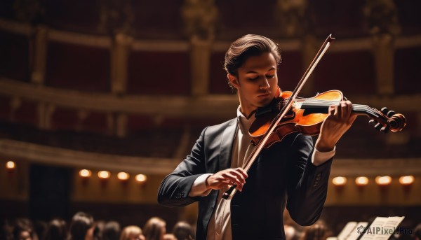 solo,short hair,brown hair,shirt,long sleeves,1boy,holding,jewelry,closed mouth,jacket,closed eyes,white shirt,upper body,male focus,necktie,solo focus,collared shirt,indoors,dark skin,blurry,black jacket,blurry background,formal,suit,instrument,music,playing instrument,holding instrument,crowd,violin,piano,bow (music),black hair,bow,standing,grey hair,signature,bowtie,vest,dress shirt,depth of field,backlighting,realistic,black suit,suit jacket