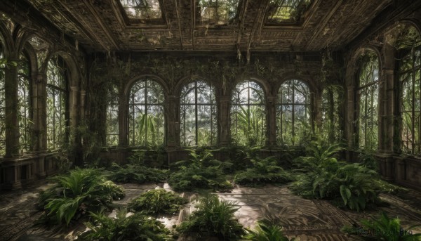 day,indoors,tree,no humans,window,leaf,sunlight,grass,plant,nature,scenery,light rays,ruins,vines,pillar,arch,moss,overgrown,wooden floor