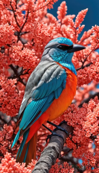 solo,closed mouth,standing,flower,outdoors,sky,day,blurry,black eyes,from side,tree,blue sky,pokemon (creature),no humans,depth of field,blurry background,bird,animal,cherry blossoms,realistic,branch,animal focus,beak,full body,signature,watermark