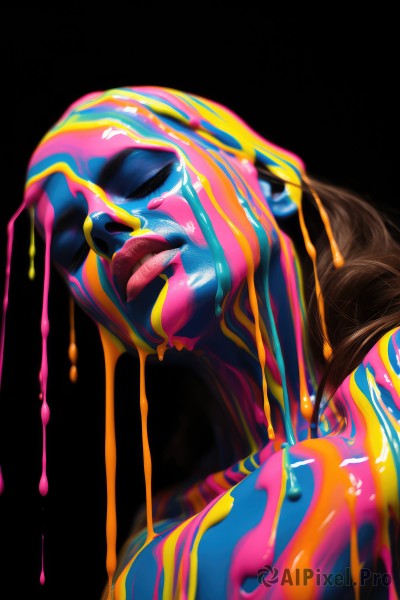 1girl,solo,long hair,open mouth,simple background,brown hair,closed eyes,upper body,teeth,tongue,tongue out,colored skin,black background,blue skin,dripping,slime (substance),paint,melting,liquid,short hair,no humans,colorful,surreal,abstract