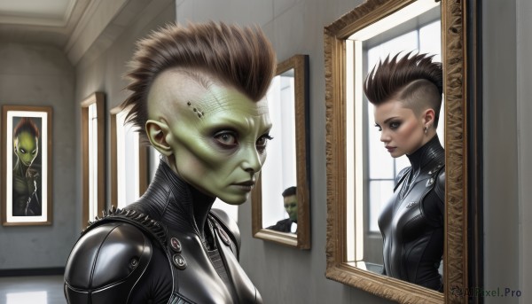 1girl,breasts,short hair,multiple girls,brown hair,1boy,hat,2girls,brown eyes,jewelry,upper body,earrings,multiple boys,indoors,lips,window,bodysuit,profile,colored skin,piercing,reflection,science fiction,realistic,nose,black bodysuit,green skin,photo (object),grey skin,cyborg,picture frame,alien,painting (object),mohawk,cyberpunk,portrait (object),looking at viewer,armor,spiked hair,asymmetrical hair,undercut