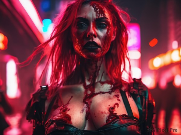 1girl,solo,long hair,breasts,looking at viewer,blue eyes,large breasts,cleavage,collarbone,upper body,red hair,parted lips,mole,blurry,lips,blood,makeup,depth of field,blurry background,lipstick,blood on face,blood on clothes,blood splatter,black lips,bra,armor,torn clothes,night,red lips