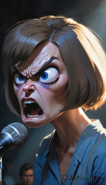 1girl,short hair,open mouth,bangs,blue eyes,blonde hair,brown hair,shirt,1boy,collarbone,teeth,solo focus,shiny,collared shirt,blurry,blurry background,thick eyebrows,blue shirt,portrait,microphone,angry,veins,realistic,nose,music,singing,shouting,solo,lips,eyelashes,scar,parody