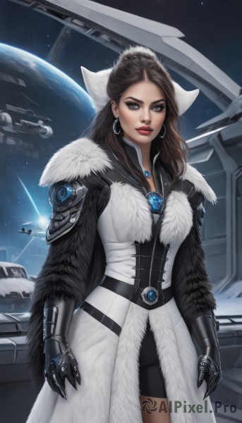 1girl,solo,long hair,breasts,looking at viewer,brown hair,dress,brown eyes,jewelry,standing,pantyhose,cowboy shot,earrings,necklace,white dress,armor,mole,lips,coat,fur trim,makeup,lipstick,gauntlets,star (sky),eyeshadow,science fiction,hoop earrings,realistic,white coat,red lips,space,planet,spacecraft,sky,belt,artist name,signature,watermark,ground vehicle,mole under mouth,motor vehicle,starry sky,aircraft,nose,car,earth (planet)