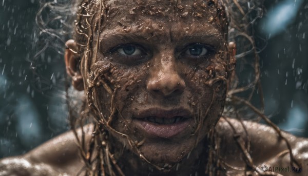 1girl,solo,looking at viewer,blue eyes,jewelry,parted lips,teeth,dark skin,necklace,blurry,dark-skinned female,lips,wet,blurry background,portrait,close-up,rain,realistic,dirty,smile,open mouth,1boy,male focus,earrings,facial hair,freckles