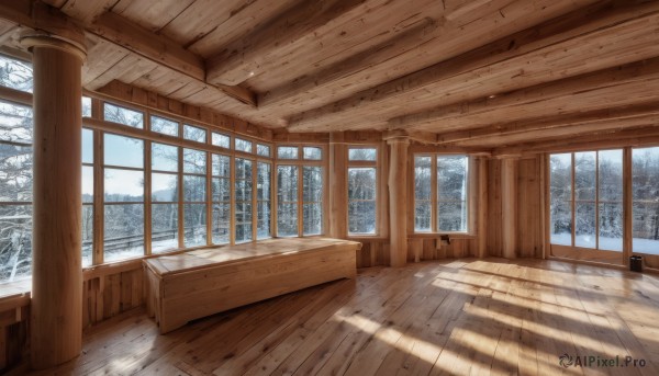 sky,day,indoors,tree,no humans,window,shadow,sunlight,nature,scenery,snow,forest,wooden floor,architecture,winter,east asian architecture,pillar,cloud,blue sky,plant,wooden wall