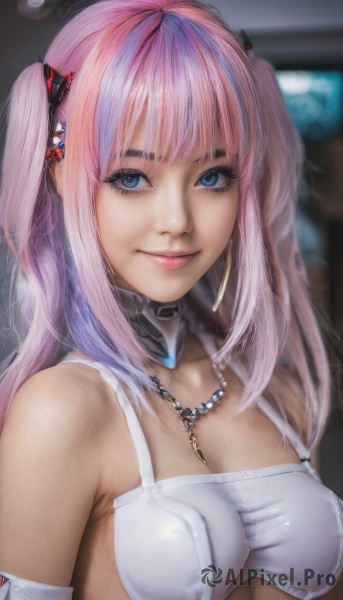 1girl,solo,long hair,breasts,looking at viewer,smile,bangs,blue eyes,hair ornament,cleavage,bare shoulders,twintails,jewelry,medium breasts,closed mouth,underwear,upper body,pink hair,multicolored hair,earrings,blunt bangs,necklace,bra,blurry,collar,two-tone hair,two side up,lips,streaked hair,eyelashes,makeup,underboob,blurry background,white bra,realistic,nose,large breasts