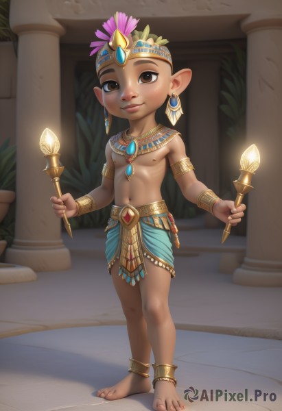 solo,looking at viewer,smile,brown hair,1boy,navel,holding,brown eyes,jewelry,nipples,standing,full body,male focus,earrings,barefoot,pointy ears,dark skin,necklace,bracelet,dark-skinned male,pectorals,gem,armlet,topless male,anklet,male child,loincloth,pillar,column,1girl,breasts,short hair,closed mouth,small breasts,pussy,loli,aged down,feathers,realistic,gold