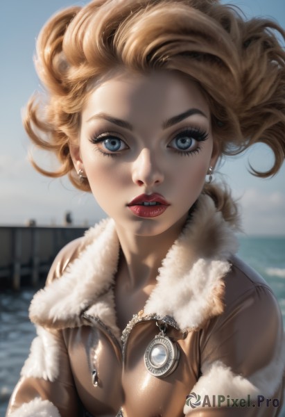 1girl,solo,breasts,looking at viewer,blue eyes,blonde hair,jewelry,jacket,upper body,earrings,outdoors,parted lips,sky,teeth,day,artist name,water,blurry,blue sky,lips,coat,fur trim,eyelashes,makeup,depth of field,blurry background,ocean,lipstick,wind,zipper,freckles,fur collar,curly hair,realistic,nose,red lips,mascara,short hair,brown hair,cloud,floating hair,watermark,brown jacket,fur-trimmed jacket