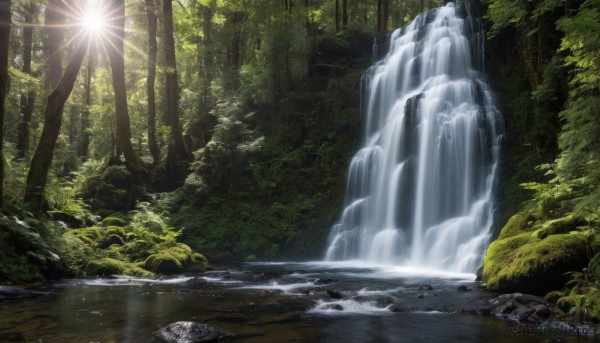 outdoors,day,water,tree,no humans,sunlight,plant,nature,scenery,forest,light rays,rock,sun,sunbeam,river,waterfall,landscape,stream,lens flare,moss