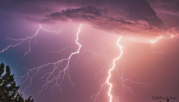 solo,outdoors,sky,cloud,tree,no humans,cloudy sky,nature,scenery,forest,silhouette,electricity,lightning,sunset,landscape