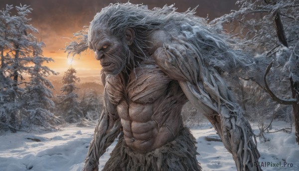 solo,long hair,1boy,navel,yellow eyes,weapon,white hair,male focus,outdoors,teeth,sword,tree,orange eyes,muscular,glowing,facial hair,abs,muscular male,glowing eyes,beard,snow,veins,topless male,mountain,bare tree,sky,cloud,pectorals,nature,monster,sunrise