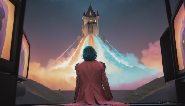 solo,short hair,1boy,sitting,blue hair,male focus,outdoors,sky,cloud,from behind,coat,night,building,star (sky),night sky,scenery,red jacket,starry sky,sunset,facing away,red coat,shooting star,jacket,cape,uniform,grass,mountain,castle