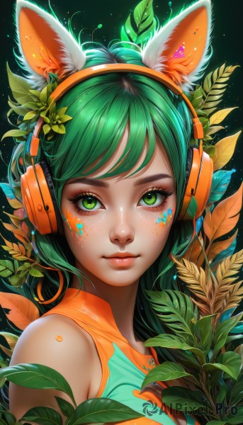 1girl,solo,long hair,looking at viewer,smile,bangs,hair ornament,animal ears,bare shoulders,closed mouth,green eyes,upper body,green hair,sleeveless,artist name,cat ears,lips,animal ear fluff,fox ears,eyelashes,makeup,fake animal ears,headphones,leaf,watermark,facial mark,plant,portrait,web address,freckles,nose,whisker markings,facepaint,mascara,shirt,flower,hairband,hair flower,sleeveless shirt,black background,light particles,headset,pink lips,animal ear headphones