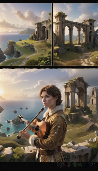 1girl,solo,short hair,blue eyes,brown hair,long sleeves,holding,brown eyes,comic,outdoors,sky,day,belt,cloud,water,lips,coat,fur trim,ocean,sunlight,grass,instrument,scenery,rock,mountain,music,sun,horizon,ruins,playing instrument,pillar,river,landscape,violin,cliff,bow (music),jacket,signature,tree,cloudy sky,letterboxed,statue,arch