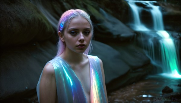 HQ,1girl,solo,long hair,breasts,looking at viewer,hair ornament,upper body,white hair,multicolored hair,small breasts,parted lips,water,black eyes,lips,wet,makeup,rock,realistic,nose,waterfall,cave,dress,cleavage,pink hair,hairclip,freckles