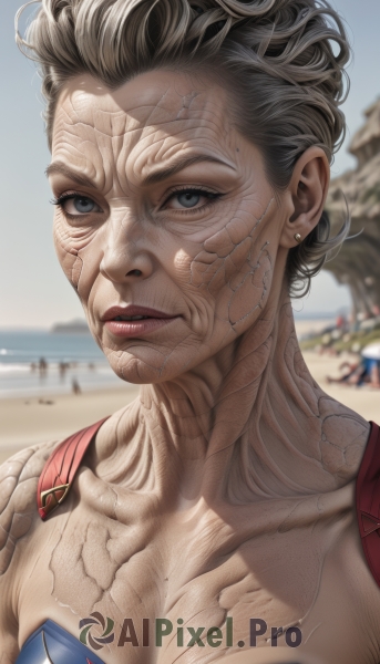 1girl,solo,breasts,looking at viewer,short hair,blue eyes,black hair,jewelry,collarbone,swimsuit,upper body,earrings,outdoors,parted lips,solo focus,day,blurry,lips,grey eyes,depth of field,blurry background,scar,beach,portrait,genderswap (mtf),veins,realistic,sand,sky,artist name,bodysuit,muscular,piercing,very short hair,cyborg,superhero,spider web print,veiny arms