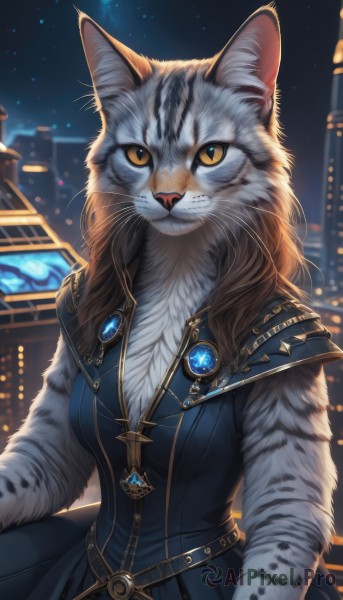 1girl,solo,long hair,breasts,looking at viewer,brown hair,dress,animal ears,brown eyes,jewelry,yellow eyes,upper body,outdoors,sky,belt,artist name,cat ears,signature,necklace,blurry,orange eyes,night,blurry background,blue dress,animal,cat,slit pupils,brooch,building,gem,star (sky),night sky,furry,pendant,starry sky,city,furry female,body fur,animal nose,whiskers,fluffy,medium breasts,closed mouth,animal ear fluff,cat girl,tiger,city lights