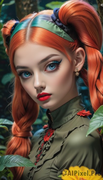 1girl,solo,long hair,looking at viewer,blue eyes,hair ornament,twintails,jewelry,upper body,braid,flower,red hair,hairband,earrings,outdoors,artist name,orange hair,blurry,twin braids,lips,eyelashes,makeup,depth of field,blurry background,leaf,lipstick,portrait,eyeshadow,realistic,yellow flower,red lips,mascara,bangs,shirt,parted lips,forehead,nose,green shirt,eyeliner