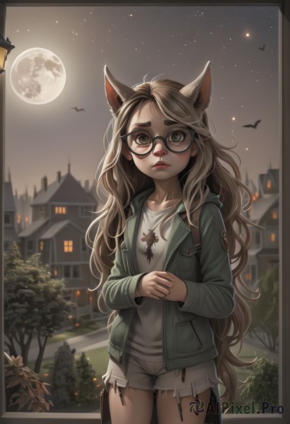 1girl,solo,long hair,looking at viewer,brown hair,shirt,long sleeves,animal ears,brown eyes,very long hair,closed mouth,standing,collarbone,jacket,tail,white shirt,cowboy shot,outdoors,open clothes,sky,glasses,shorts,artist name,cat ears,hood,bag,open jacket,tree,lips,torn clothes,short shorts,window,night,bird,wavy hair,border,moon,light brown hair,thick eyebrows,hood down,own hands together,denim,building,messy hair,star (sky),night sky,full moon,starry sky,freckles,black-framed eyewear,denim shorts,pocket,green jacket,round eyewear,unzipped,bat (animal),house,cutoffs,torn shirt,grey shorts,lamppost,bangs,parted lips,flat chest,fox ears,wolf ears,hooded jacket,extra ears,nose,black border,straight-on