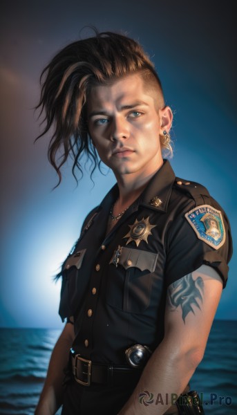 1girl,solo,looking at viewer,blue eyes,brown hair,shirt,black hair,jewelry,closed mouth,upper body,short sleeves,multicolored hair,earrings,belt,necklace,uniform,lips,military,black shirt,military uniform,tattoo,buttons,blurry background,ocean,pocket,realistic,nose,arm tattoo,badge,police,police uniform,policewoman,1boy,male focus,night,facial hair,piercing,undercut,mohawk,patch