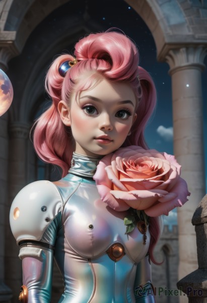 1girl,solo,long hair,breasts,looking at viewer,hair ornament,upper body,ponytail,pink hair,flower,small breasts,parted lips,sky,shiny,artist name,armor,blurry,black eyes,lips,bodysuit,covered navel,makeup,rose,watermark,star (sky),skin tight,web address,pink flower,freckles,shiny clothes,realistic,nose,pink rose,pillar,green eyes,covered nipples,leaf