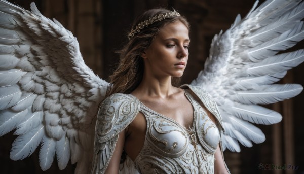 1girl,solo,long hair,breasts,looking at viewer,brown hair,brown eyes,closed mouth,collarbone,upper body,small breasts,wings,armor,blurry,lips,blurry background,shoulder armor,feathered wings,pauldrons,angel wings,breastplate,realistic,nose,white wings,angel,head wreath