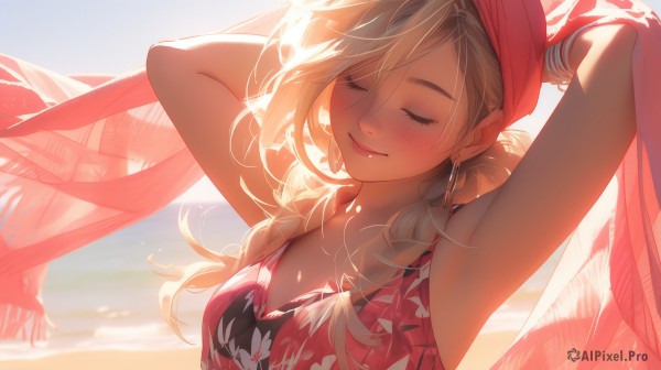 1girl,solo,long hair,breasts,blush,smile,bangs,blonde hair,cleavage,bare shoulders,jewelry,medium breasts,closed mouth,collarbone,swimsuit,closed eyes,upper body,braid,bikini,earrings,outdoors,sky,sleeveless,day,armpits,water,twin braids,arms up,bracelet,lips,eyelashes,makeup,ocean,beach,sunlight,arms behind head,hair over shoulder,facing viewer,backlighting,pink shirt,shawl,hoop earrings,sand,fringe trim,hair between eyes,small breasts,necklace,blurry,blurry background,floral print,sunset