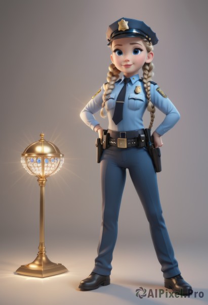 1girl,solo,long hair,breasts,looking at viewer,smile,blue eyes,blonde hair,simple background,shirt,long sleeves,hat,closed mouth,standing,full body,weapon,braid,small breasts,necktie,shoes,collared shirt,belt,pants,black footwear,uniform,twin braids,lips,gun,shadow,blue shirt,black necktie,buckle,handgun,blue headwear,pocket,hands on hips,pouch,lantern,blue pants,lamp,holster,police,police uniform,policewoman,police hat,light bulb,hair over shoulder