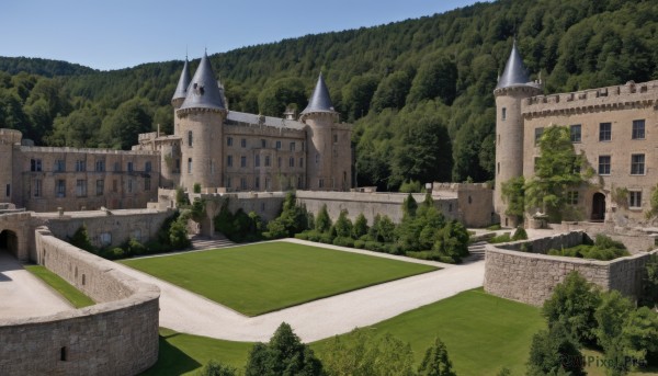 outdoors,sky,day,tree,blue sky,no humans,window,grass,building,nature,scenery,forest,mountain,road,bush,house,castle,tower,landscape,path,town,fantasy,church,arch